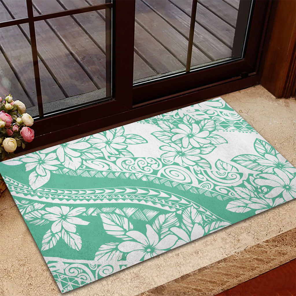 Polynesian Tiare Flower Cyan Pastel Vibes Rubber Doormat