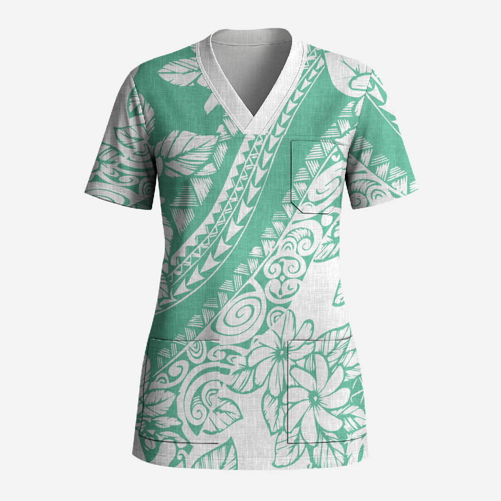 Polynesian Tiare Flower Cyan Pastel Vibes Scrub Top LT14 Adult Cyan - Polynesian Pride