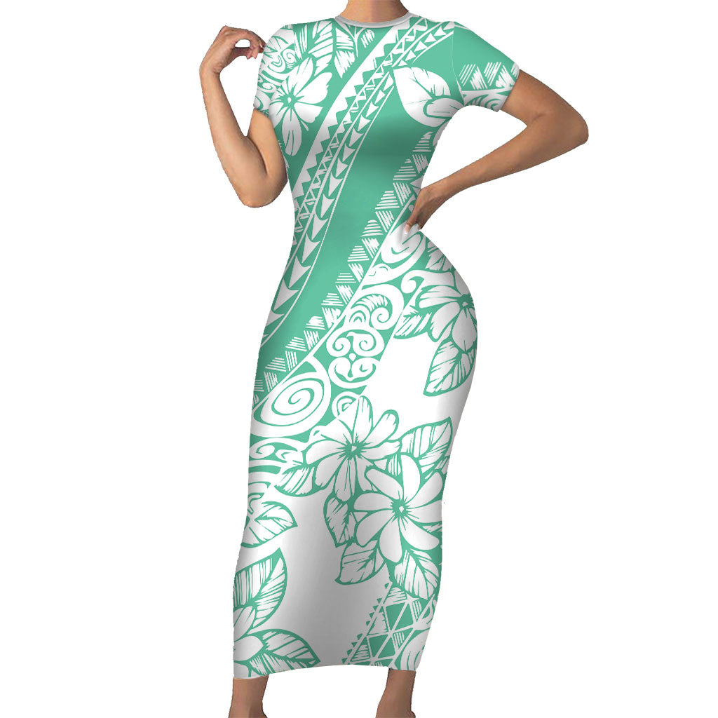 Polynesian Tiare Flower Cyan Pastel Vibes Short Sleeve Bodycon Dress LT14 Long Dress Cyan - Polynesian Pride