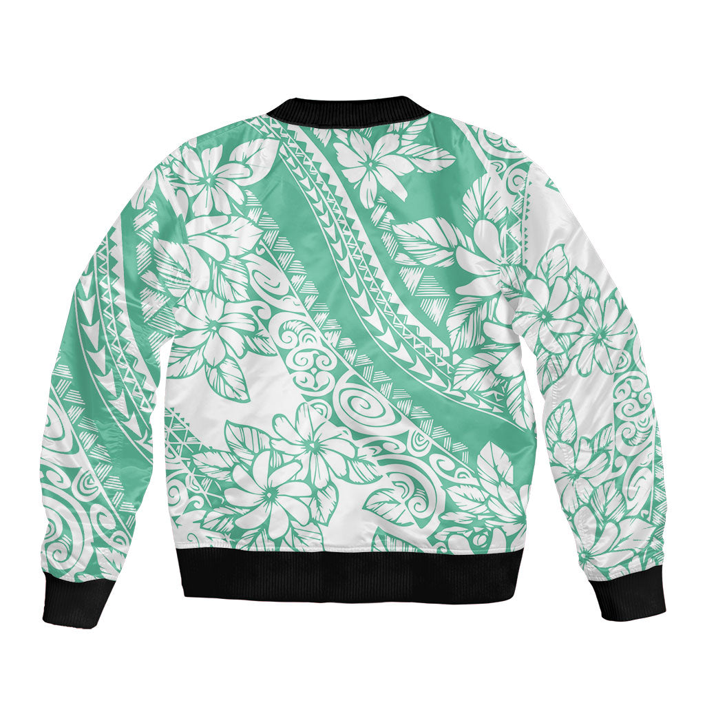 Polynesian Tiare Flower Cyan Pastel Vibes Sleeve Zip Bomber Jacket
