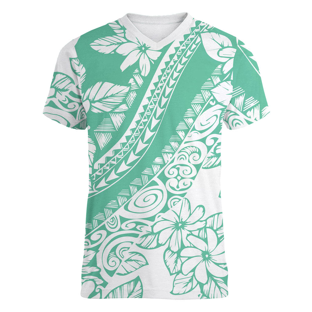Polynesian Tiare Flower Cyan Pastel Vibes Women V-Neck T-Shirt