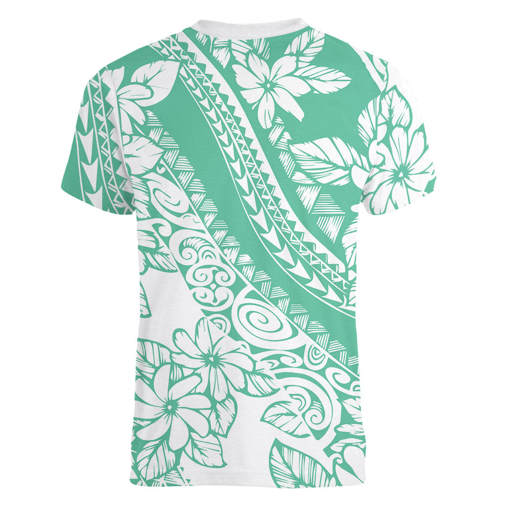 Polynesian Tiare Flower Cyan Pastel Vibes Women V-Neck T-Shirt
