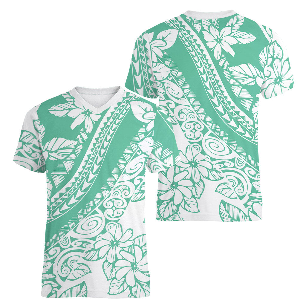Polynesian Tiare Flower Cyan Pastel Vibes Women V-Neck T-Shirt