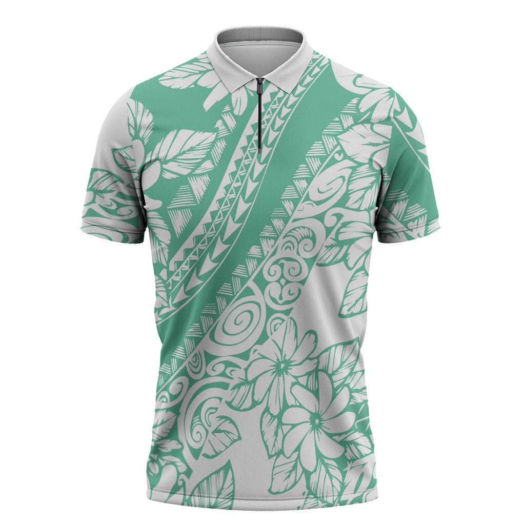 Polynesian Tiare Flower Cyan Pastel Vibes Zipper Polo Shirt