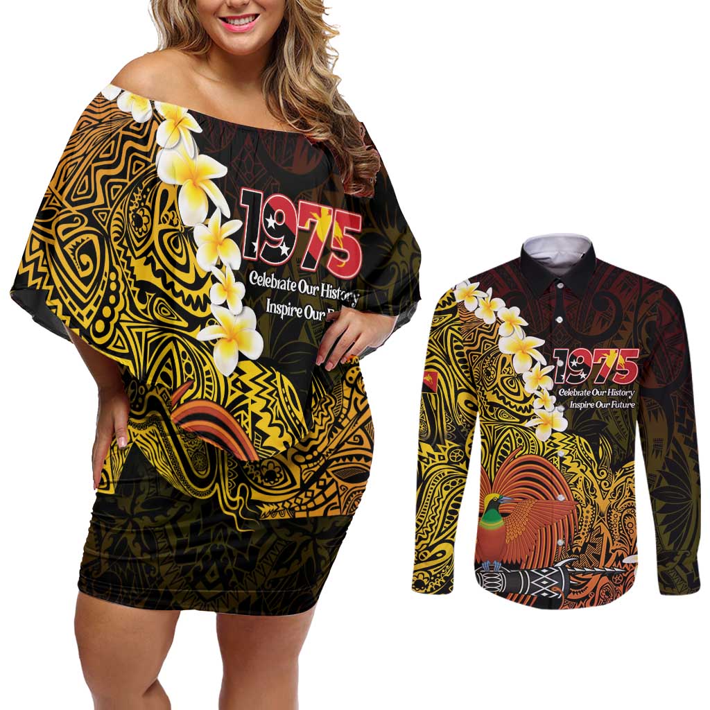 Papua New Guinea 1975 Couples Matching Off Shoulder Short Dress and Long Sleeve Button Shirt Create Our History Inspire Our Future LT14 Black - Polynesian Pride