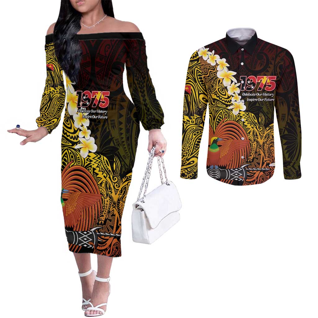 Papua New Guinea 1975 Couples Matching Off The Shoulder Long Sleeve Dress and Long Sleeve Button Shirt Create Our History Inspire Our Future LT14 Black - Polynesian Pride