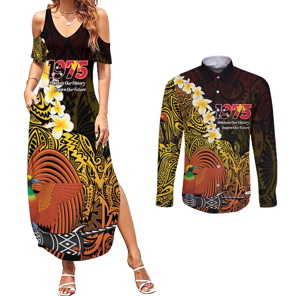 Papua New Guinea 1975 Couples Matching Summer Maxi Dress and Long Sleeve Button Shirt Create Our History Inspire Our Future LT14 Black - Polynesian Pride