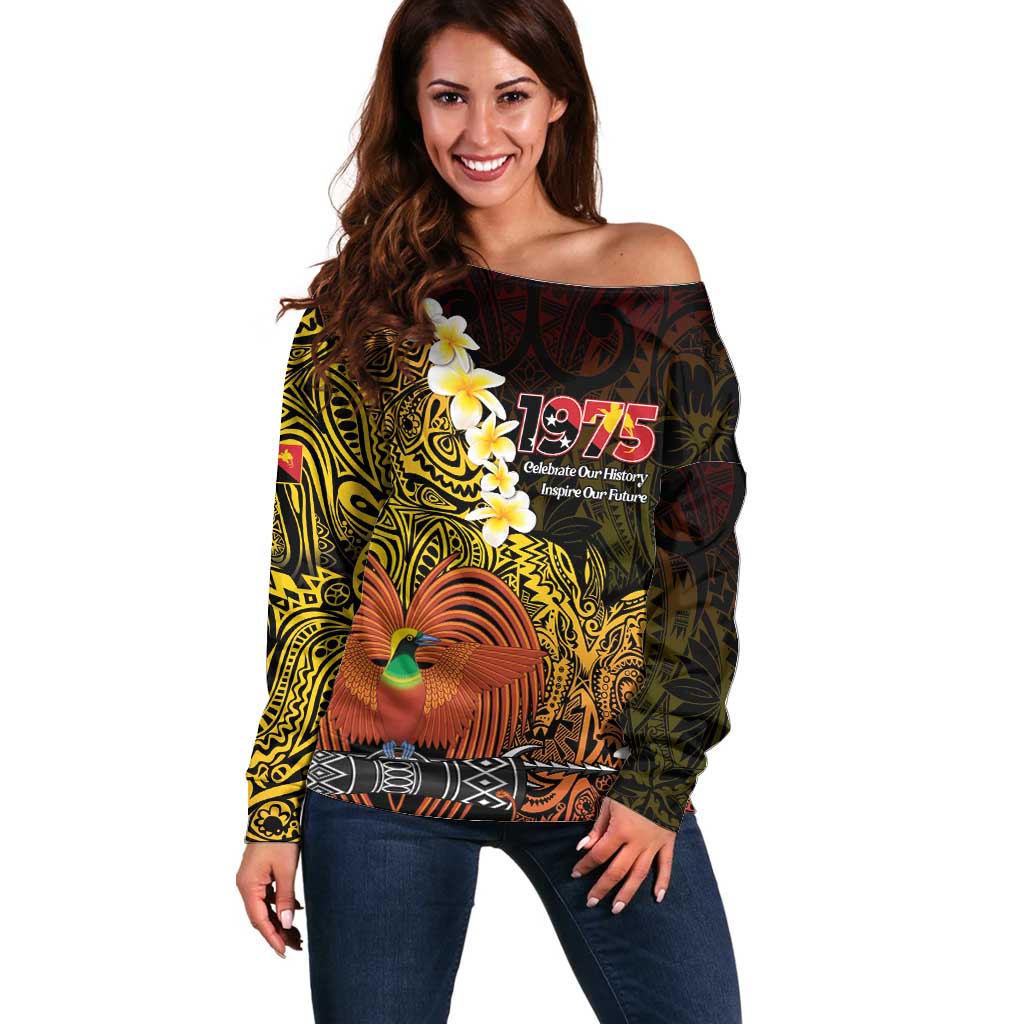 Papua New Guinea 1975 Off Shoulder Sweater Create Our History Inspire Our Future LT14 Women Black - Polynesian Pride