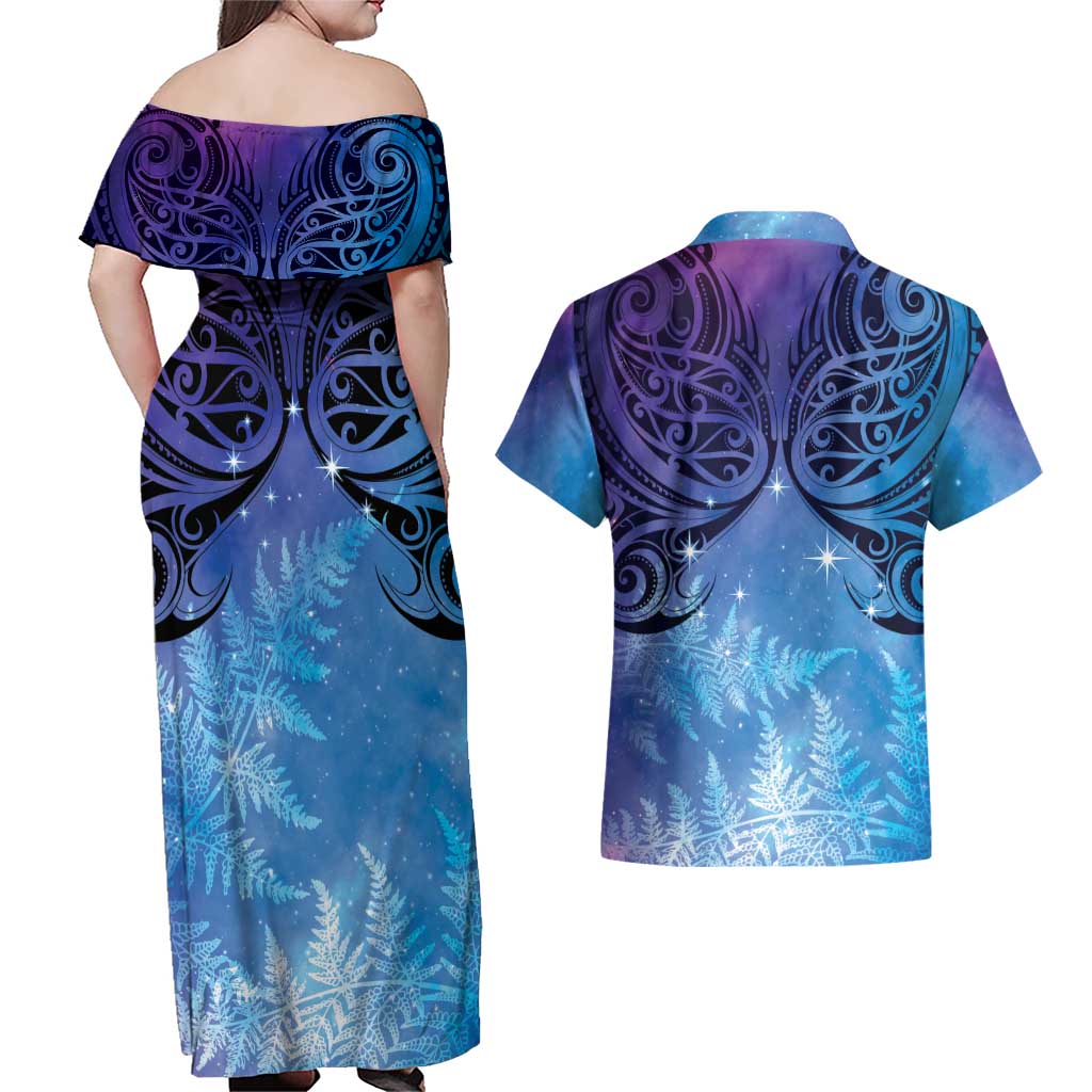 New Zealand Matariki Couples Matching Off Shoulder Maxi Dress and Hawaiian Shirt Aotearoa Maori New Year Galaxy Maori Silver Fern