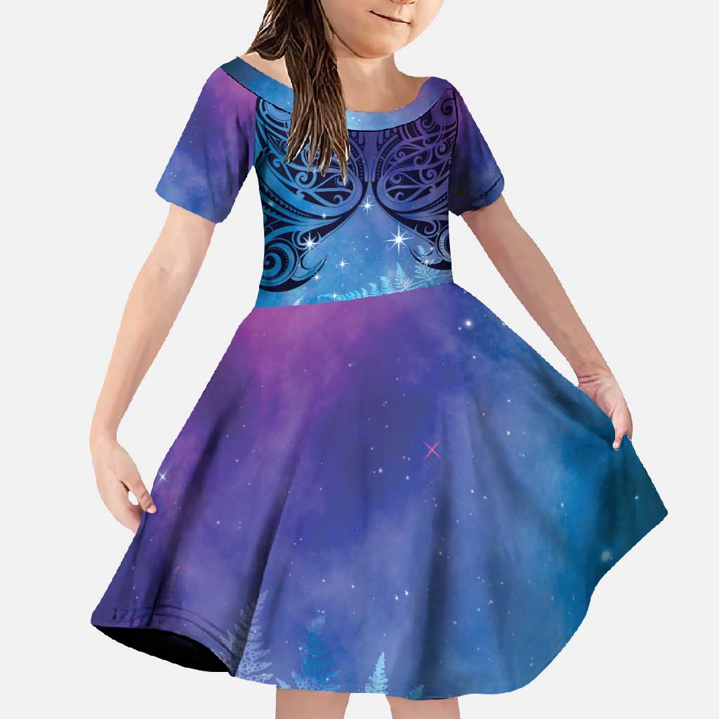 New Zealand Matariki Family Matching Short Sleeve Bodycon Dress and Hawaiian Shirt Aotearoa Maori New Year Galaxy Maori Silver Fern LT14 Daughter's Dress Blue - Polynesian Pride