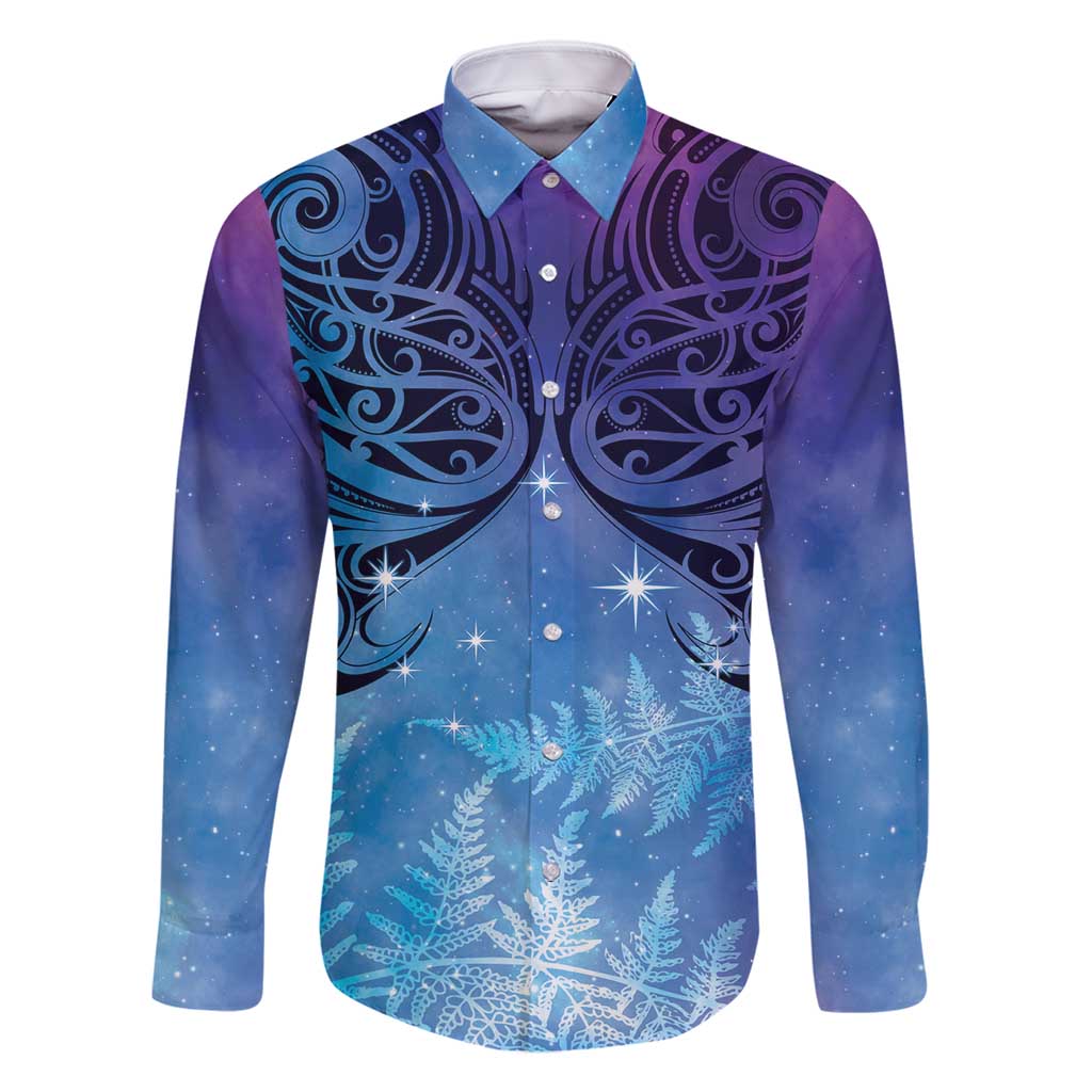New Zealand Matariki Family Matching Tank Maxi Dress and Hawaiian Shirt Aotearoa Maori New Year Galaxy Maori Silver Fern LT14 Dad's Shirt - Long Sleeve Blue - Polynesian Pride