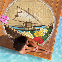 Personalised Bula Vinaka Fiji Drua Beach Blanket Fijian Traditional Canoe Tapa Cloth Beige