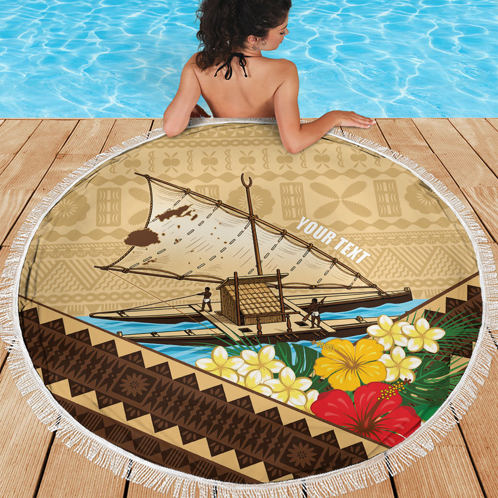 Personalised Bula Vinaka Fiji Drua Beach Blanket Fijian Traditional Canoe Tapa Cloth Beige