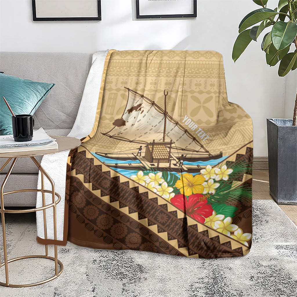 Personalised Bula Vinaka Fiji Drua Blanket Fijian Traditional Canoe Tapa Cloth Beige