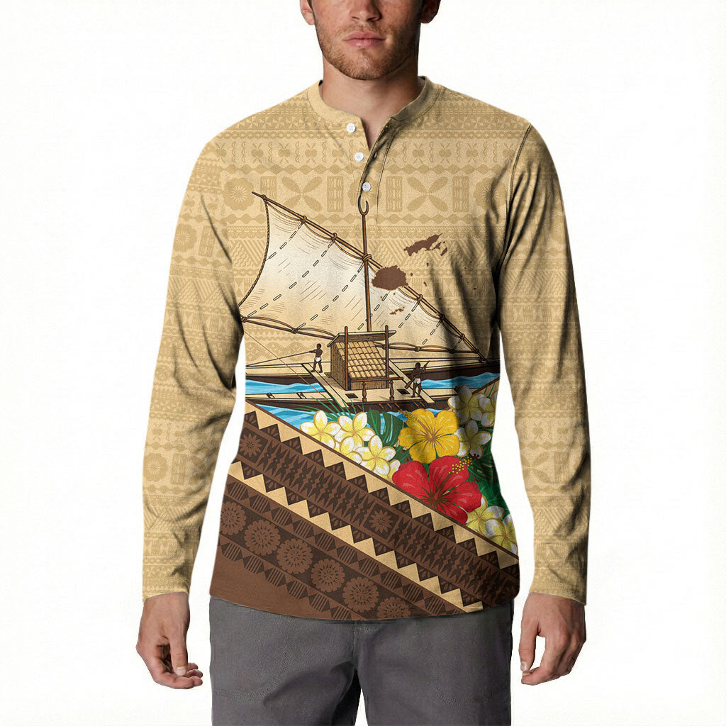 Personalised Bula Vinaka Fiji Drua Button Sweatshirt Fijian Traditional Canoe Tapa Cloth Beige