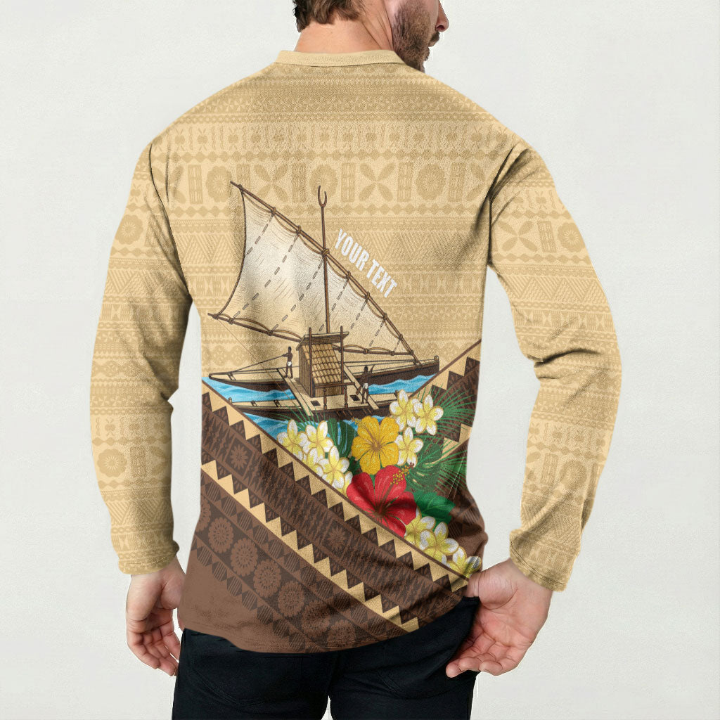 Personalised Bula Vinaka Fiji Drua Button Sweatshirt Fijian Traditional Canoe Tapa Cloth Beige