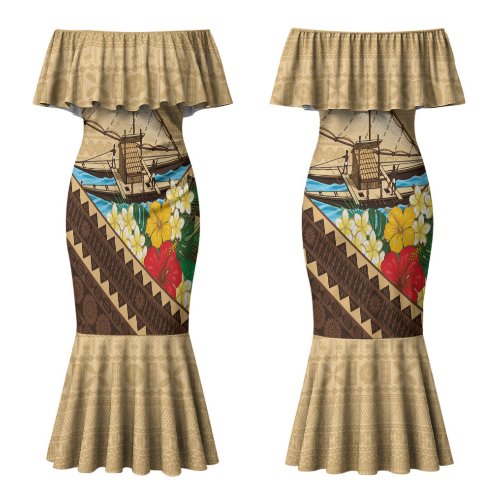 Personalised Bula Vinaka Fiji Drua Couples Matching Mermaid Dress and Hawaiian Shirt Fijian Traditional Canoe Tapa Cloth Beige LT14 - Polynesian Pride