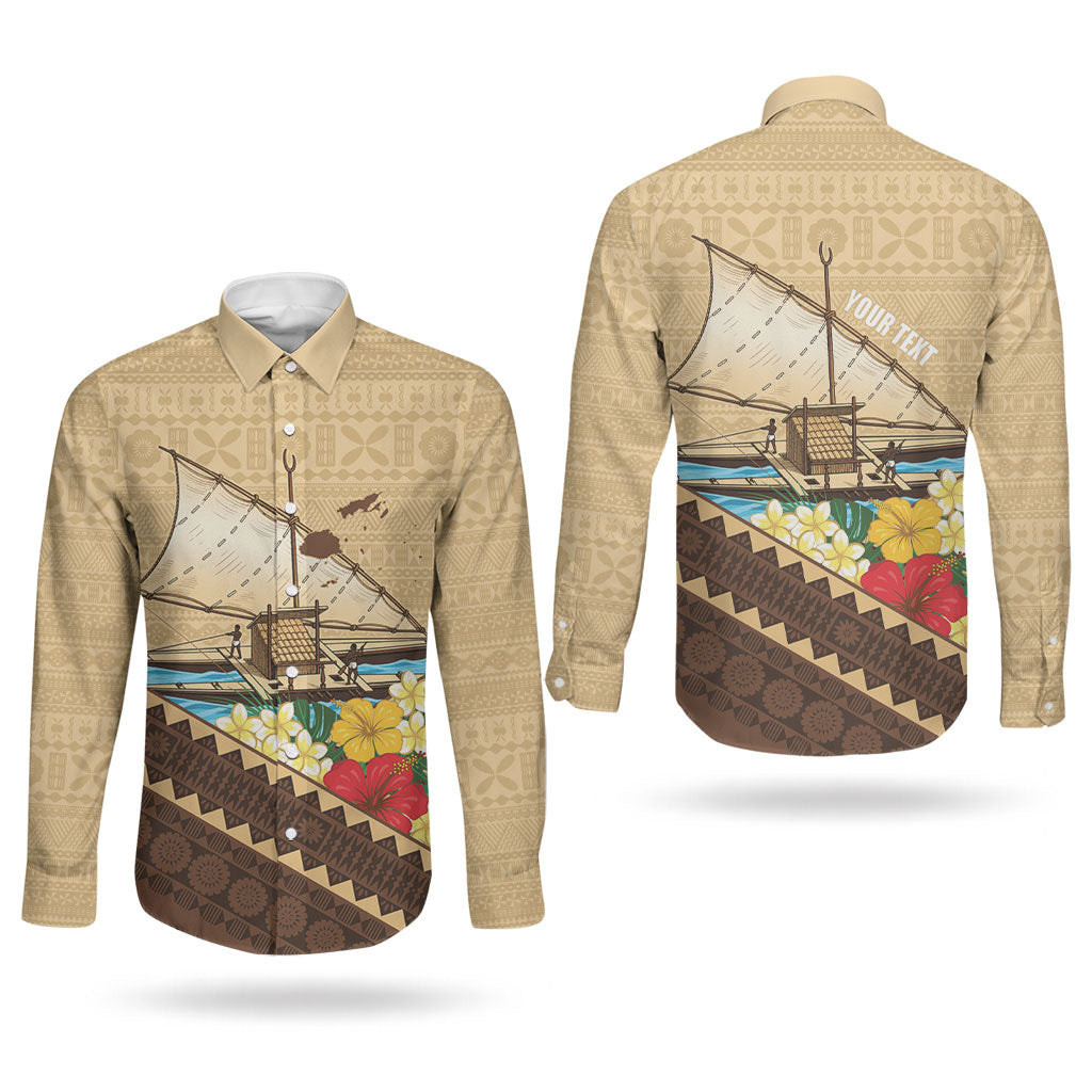 Personalised Bula Vinaka Fiji Drua Couples Matching Off Shoulder Maxi Dress and Long Sleeve Button Shirt Fijian Traditional Canoe Tapa Cloth Beige