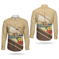 Personalised Bula Vinaka Fiji Drua Couples Matching Off Shoulder Maxi Dress and Long Sleeve Button Shirt Fijian Traditional Canoe Tapa Cloth Beige