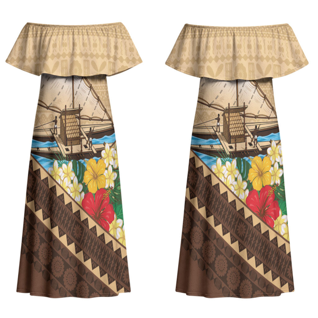 Personalised Bula Vinaka Fiji Drua Couples Matching Off Shoulder Maxi Dress and Long Sleeve Button Shirt Fijian Traditional Canoe Tapa Cloth Beige