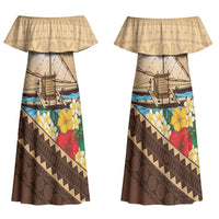 Personalised Bula Vinaka Fiji Drua Couples Matching Off Shoulder Maxi Dress and Long Sleeve Button Shirt Fijian Traditional Canoe Tapa Cloth Beige