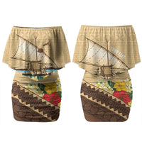 Personalised Bula Vinaka Fiji Drua Couples Matching Off Shoulder Short Dress and Hawaiian Shirt Fijian Traditional Canoe Tapa Cloth Beige LT14 - Polynesian Pride