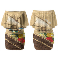 Personalised Bula Vinaka Fiji Drua Couples Matching Off Shoulder Short Dress and Long Sleeve Button Shirt Fijian Traditional Canoe Tapa Cloth Beige LT14 - Polynesian Pride