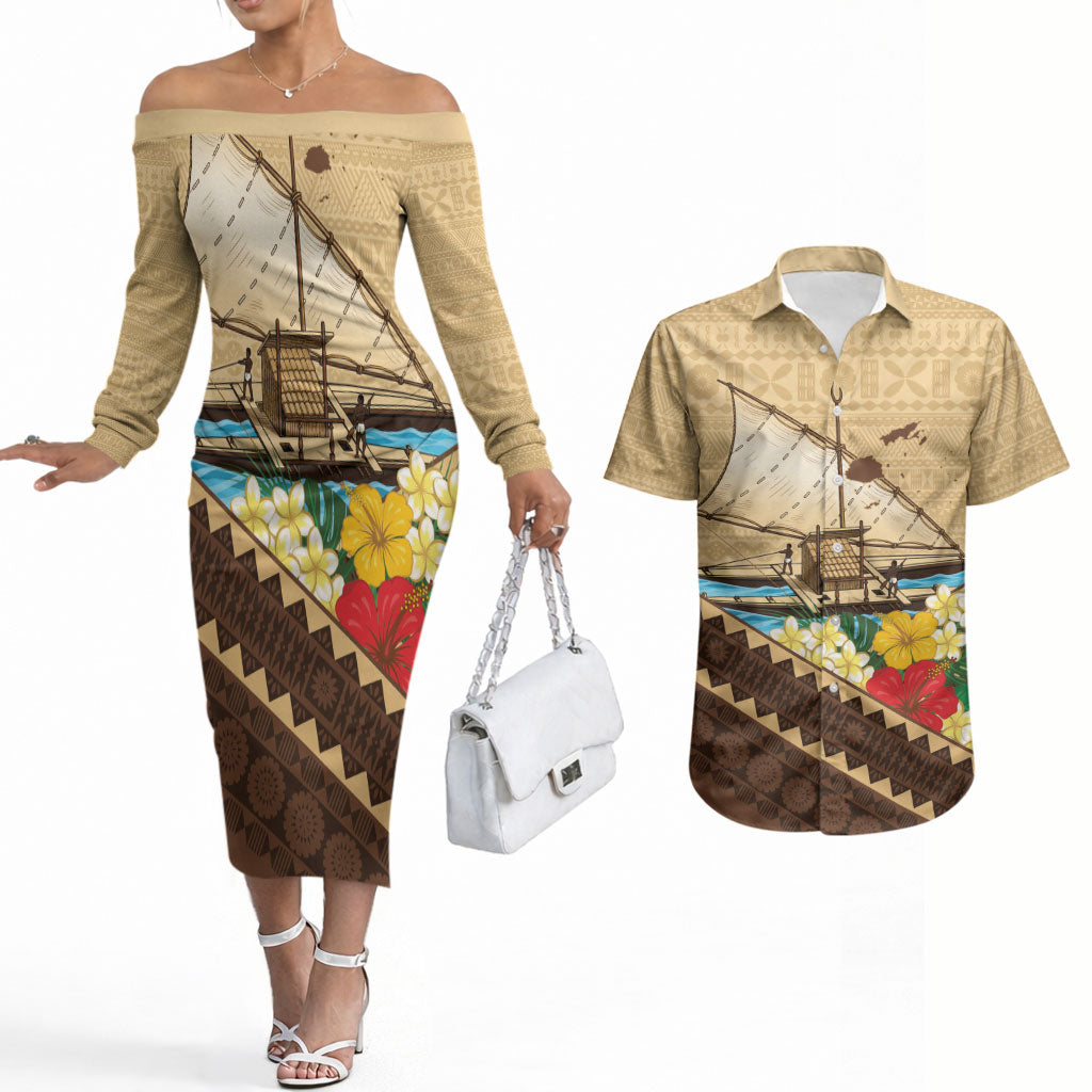 Personalised Bula Vinaka Fiji Drua Couples Matching Off The Shoulder Long Sleeve Dress and Hawaiian Shirt Fijian Traditional Canoe Tapa Cloth Beige