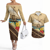 Personalised Bula Vinaka Fiji Drua Couples Matching Off The Shoulder Long Sleeve Dress and Hawaiian Shirt Fijian Traditional Canoe Tapa Cloth Beige
