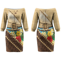Personalised Bula Vinaka Fiji Drua Couples Matching Off The Shoulder Long Sleeve Dress and Hawaiian Shirt Fijian Traditional Canoe Tapa Cloth Beige
