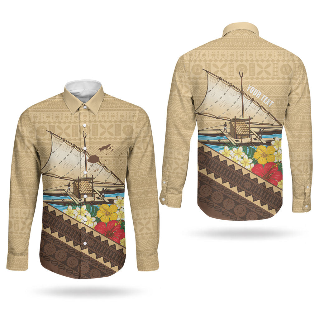 Personalised Bula Vinaka Fiji Drua Couples Matching Summer Maxi Dress and Long Sleeve Button Shirt Fijian Traditional Canoe Tapa Cloth Beige LT14 - Polynesian Pride