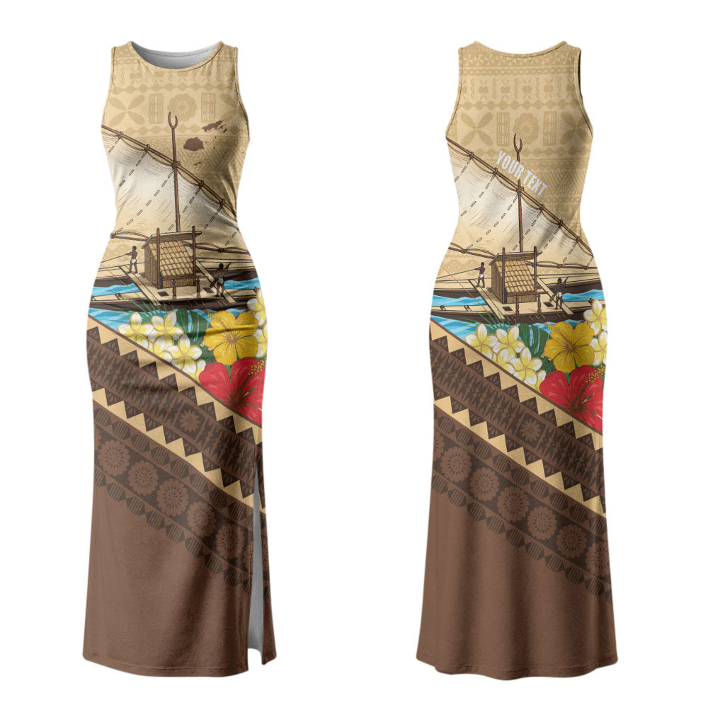 Personalised Bula Vinaka Fiji Drua Couples Matching Tank Maxi Dress and Long Sleeve Button Shirt Fijian Traditional Canoe Tapa Cloth Beige