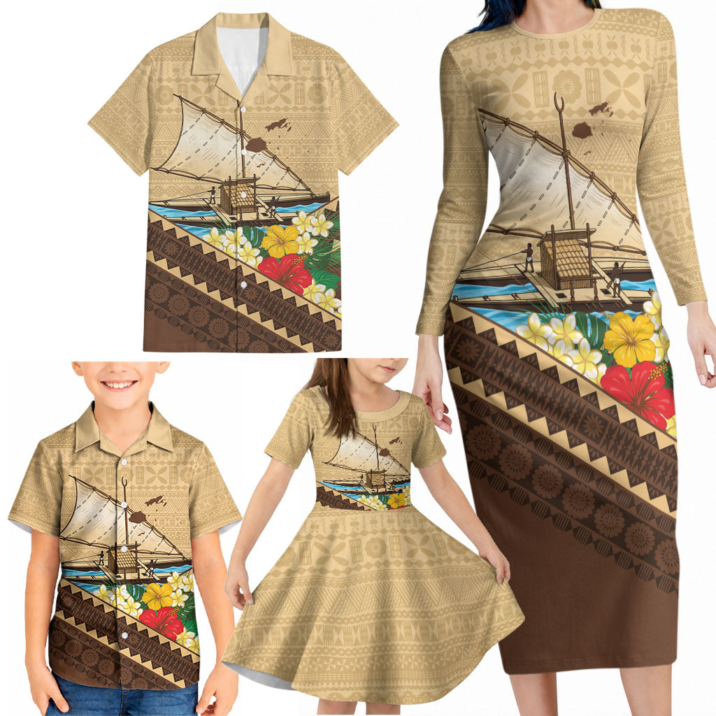 Personalised Bula Vinaka Fiji Drua Family Matching Long Sleeve Bodycon Dress and Hawaiian Shirt Fijian Traditional Canoe Tapa Cloth Beige