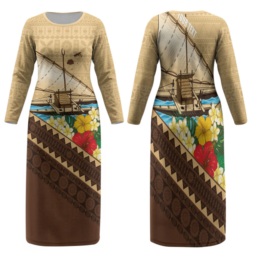 Personalised Bula Vinaka Fiji Drua Family Matching Long Sleeve Bodycon Dress and Hawaiian Shirt Fijian Traditional Canoe Tapa Cloth Beige