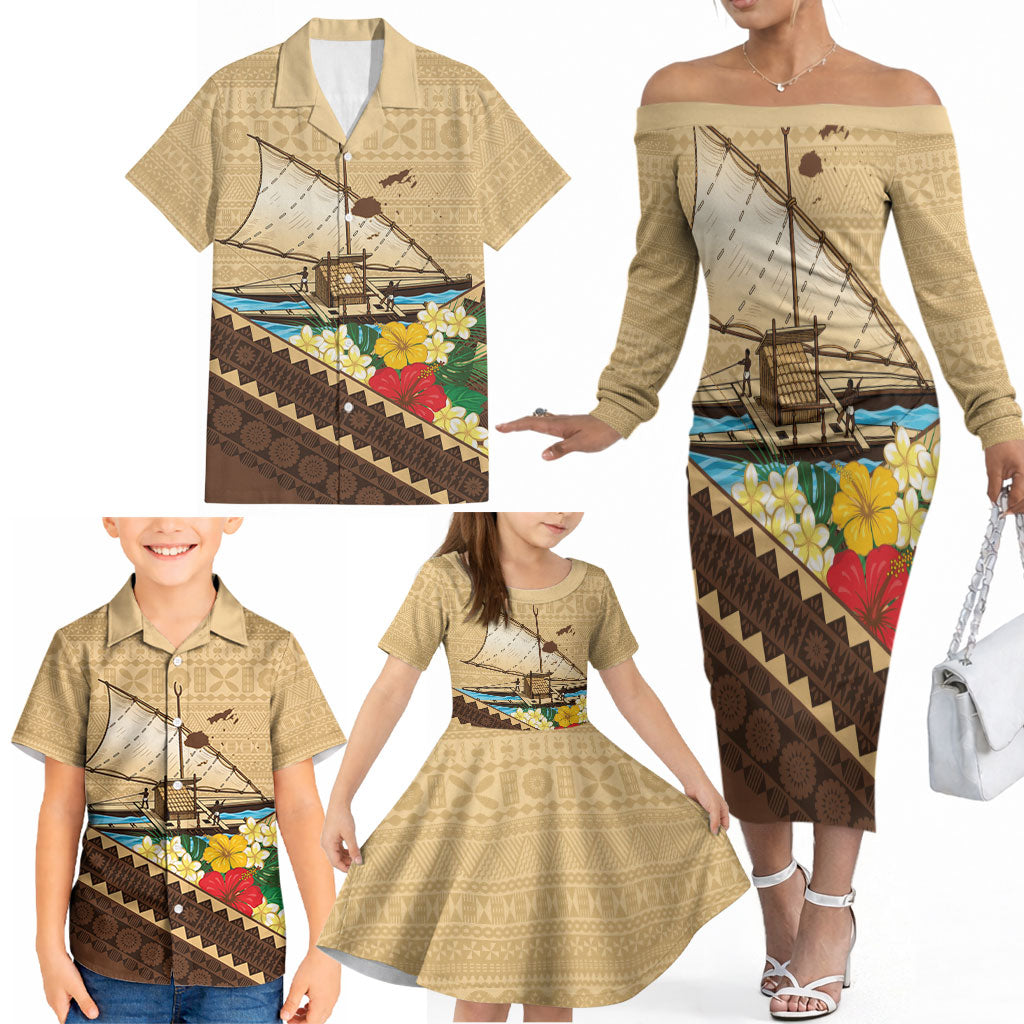 Personalised Bula Vinaka Fiji Drua Family Matching Off The Shoulder Long Sleeve Dress and Hawaiian Shirt Fijian Traditional Canoe Tapa Cloth Beige