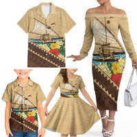 Personalised Bula Vinaka Fiji Drua Family Matching Off The Shoulder Long Sleeve Dress and Hawaiian Shirt Fijian Traditional Canoe Tapa Cloth Beige