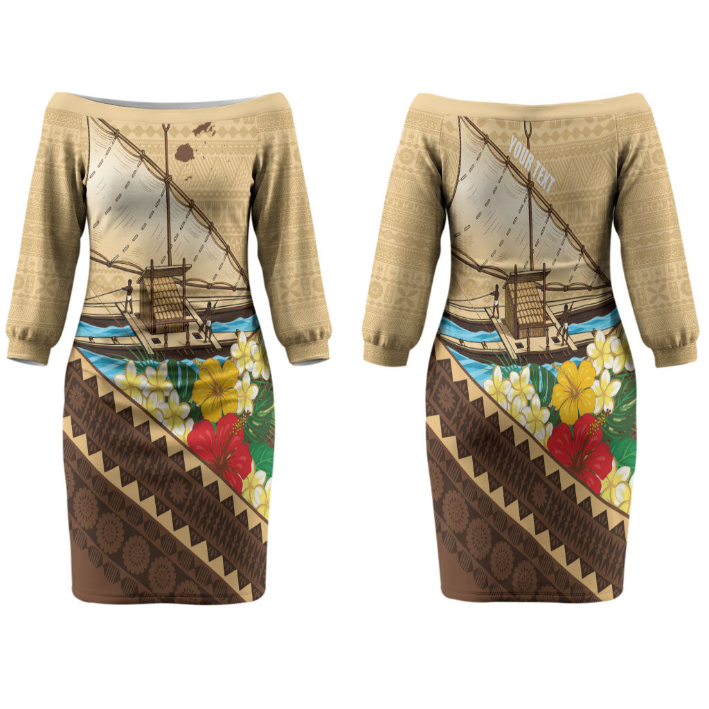 Personalised Bula Vinaka Fiji Drua Family Matching Off The Shoulder Long Sleeve Dress and Hawaiian Shirt Fijian Traditional Canoe Tapa Cloth Beige