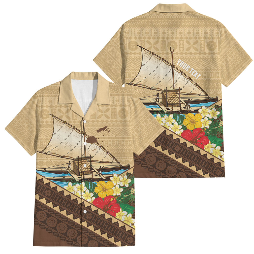 Personalised Bula Vinaka Fiji Drua Family Matching Off The Shoulder Long Sleeve Dress and Hawaiian Shirt Fijian Traditional Canoe Tapa Cloth Beige
