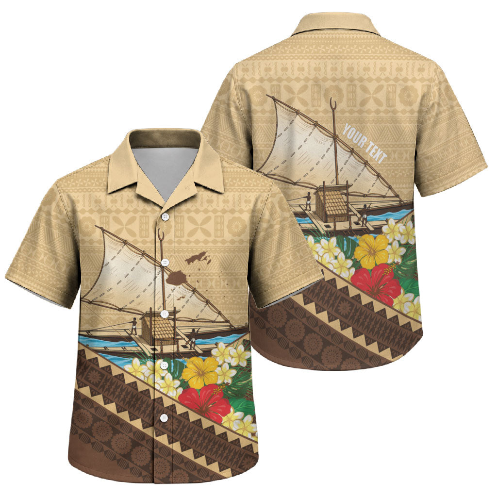 Personalised Bula Vinaka Fiji Drua Family Matching Off The Shoulder Long Sleeve Dress and Hawaiian Shirt Fijian Traditional Canoe Tapa Cloth Beige
