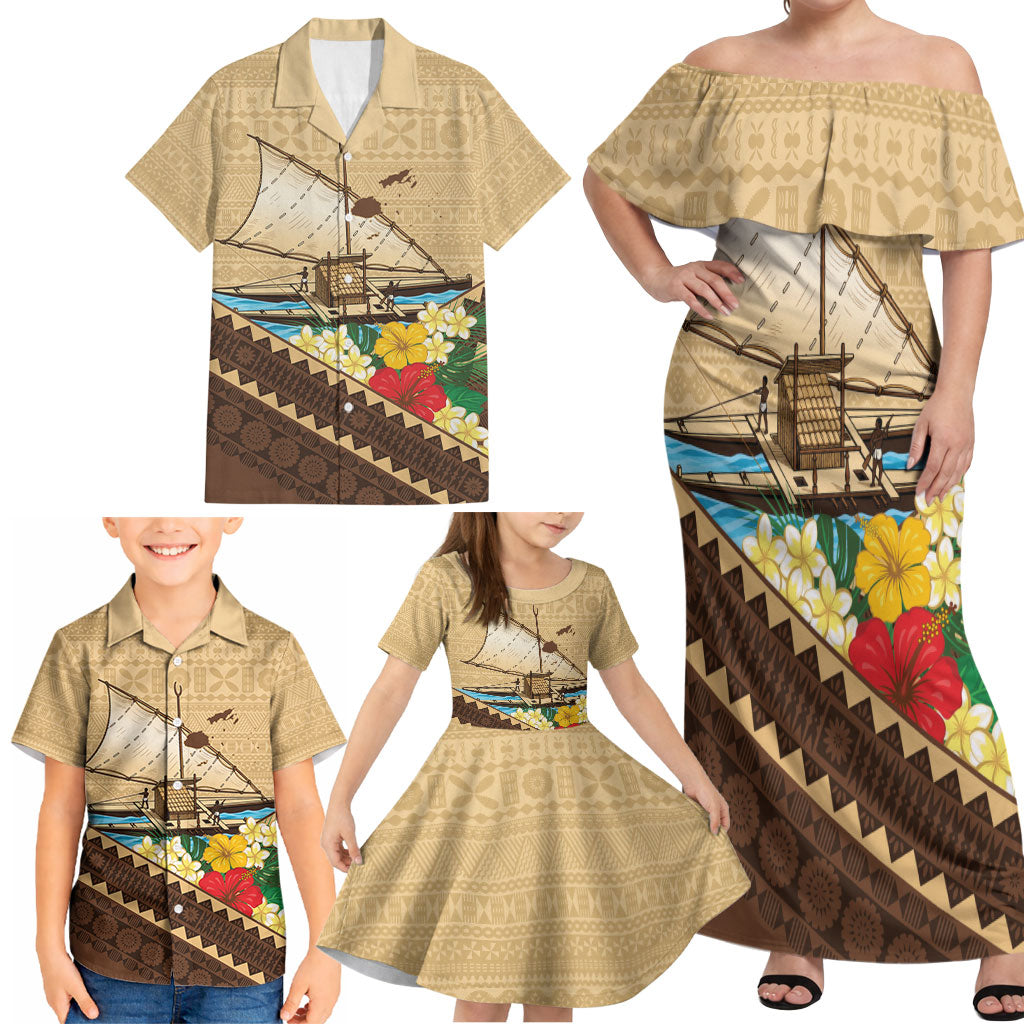 Personalised Bula Vinaka Fiji Drua Family Matching Off Shoulder Maxi Dress and Hawaiian Shirt Fijian Traditional Canoe Tapa Cloth Beige
