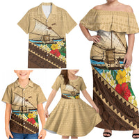 Personalised Bula Vinaka Fiji Drua Family Matching Off Shoulder Maxi Dress and Hawaiian Shirt Fijian Traditional Canoe Tapa Cloth Beige
