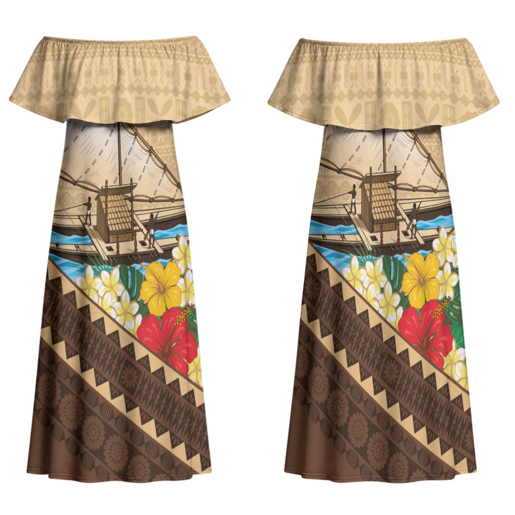 Personalised Bula Vinaka Fiji Drua Family Matching Off Shoulder Maxi Dress and Hawaiian Shirt Fijian Traditional Canoe Tapa Cloth Beige