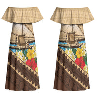 Personalised Bula Vinaka Fiji Drua Family Matching Off Shoulder Maxi Dress and Hawaiian Shirt Fijian Traditional Canoe Tapa Cloth Beige