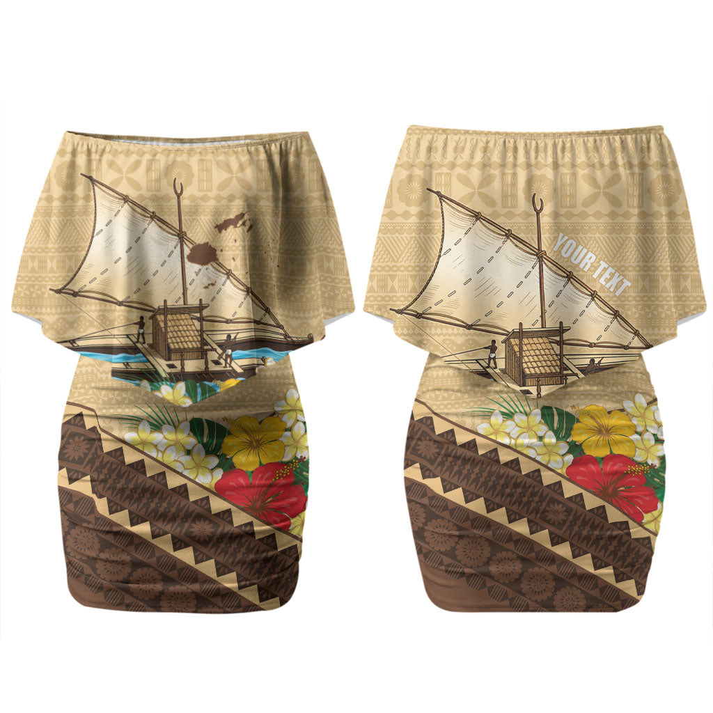 Personalised Bula Vinaka Fiji Drua Family Matching Off Shoulder Short Dress and Hawaiian Shirt Fijian Traditional Canoe Tapa Cloth Beige