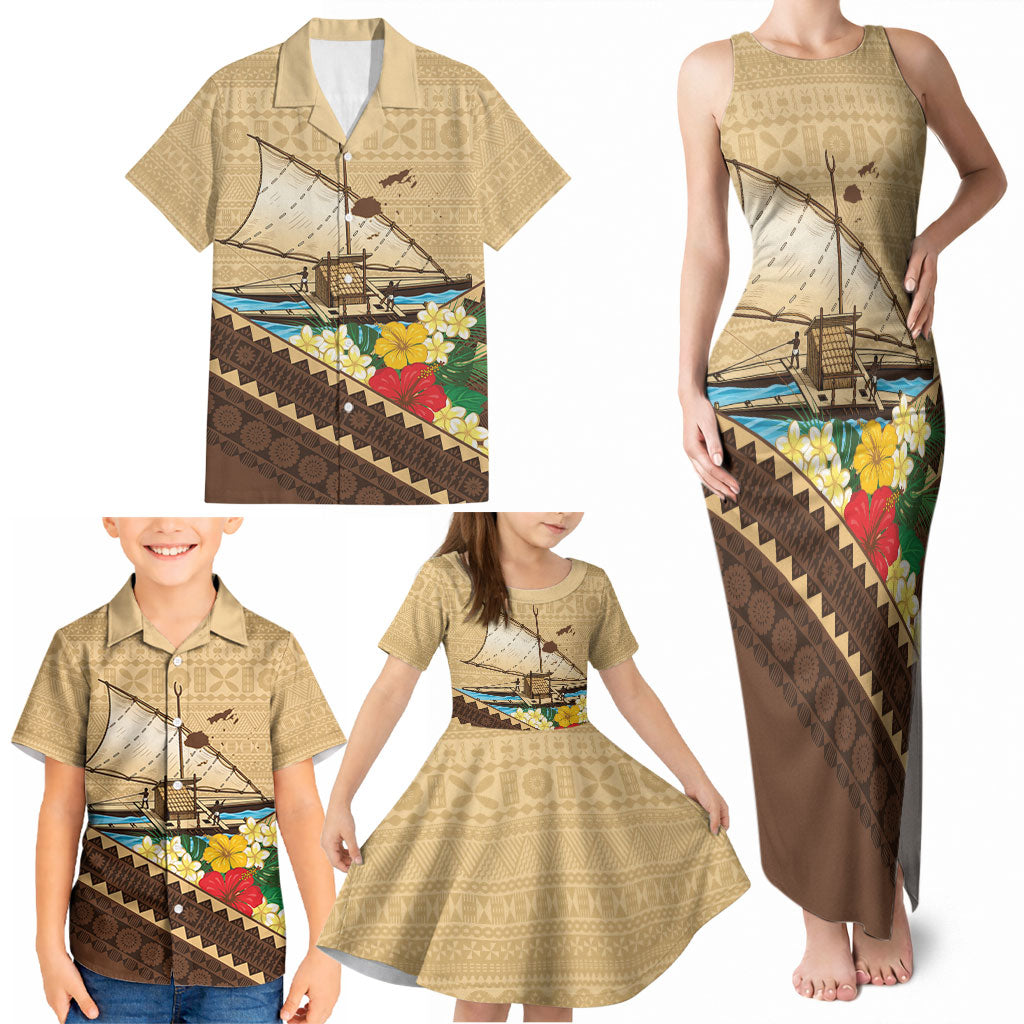 Personalised Bula Vinaka Fiji Drua Family Matching Tank Maxi Dress and Hawaiian Shirt Fijian Traditional Canoe Tapa Cloth Beige