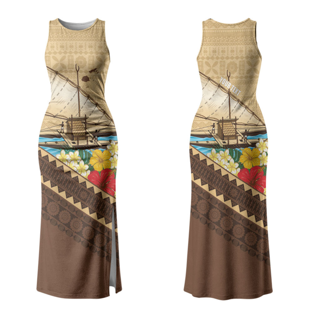 Personalised Bula Vinaka Fiji Drua Family Matching Tank Maxi Dress and Hawaiian Shirt Fijian Traditional Canoe Tapa Cloth Beige