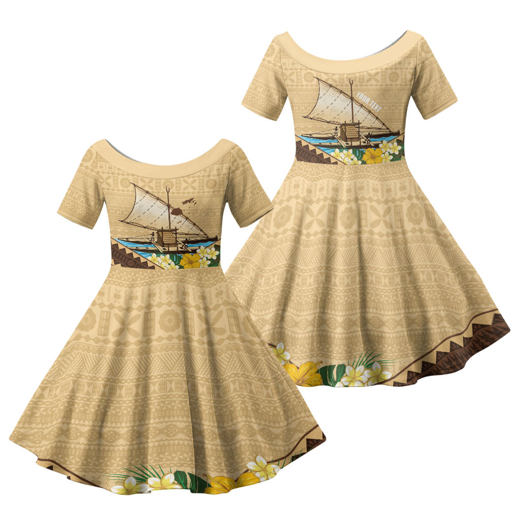 Personalised Bula Vinaka Fiji Drua Family Matching Tank Maxi Dress and Hawaiian Shirt Fijian Traditional Canoe Tapa Cloth Beige