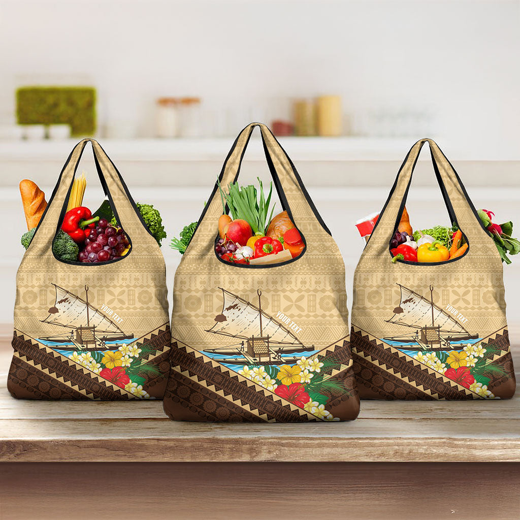 Personalised Bula Vinaka Fiji Drua Grocery Bag Fijian Traditional Canoe Tapa Cloth Beige