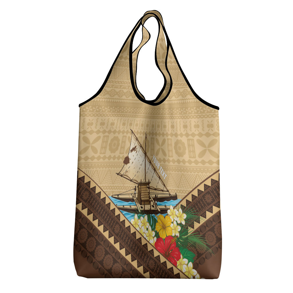Personalised Bula Vinaka Fiji Drua Grocery Bag Fijian Traditional Canoe Tapa Cloth Beige