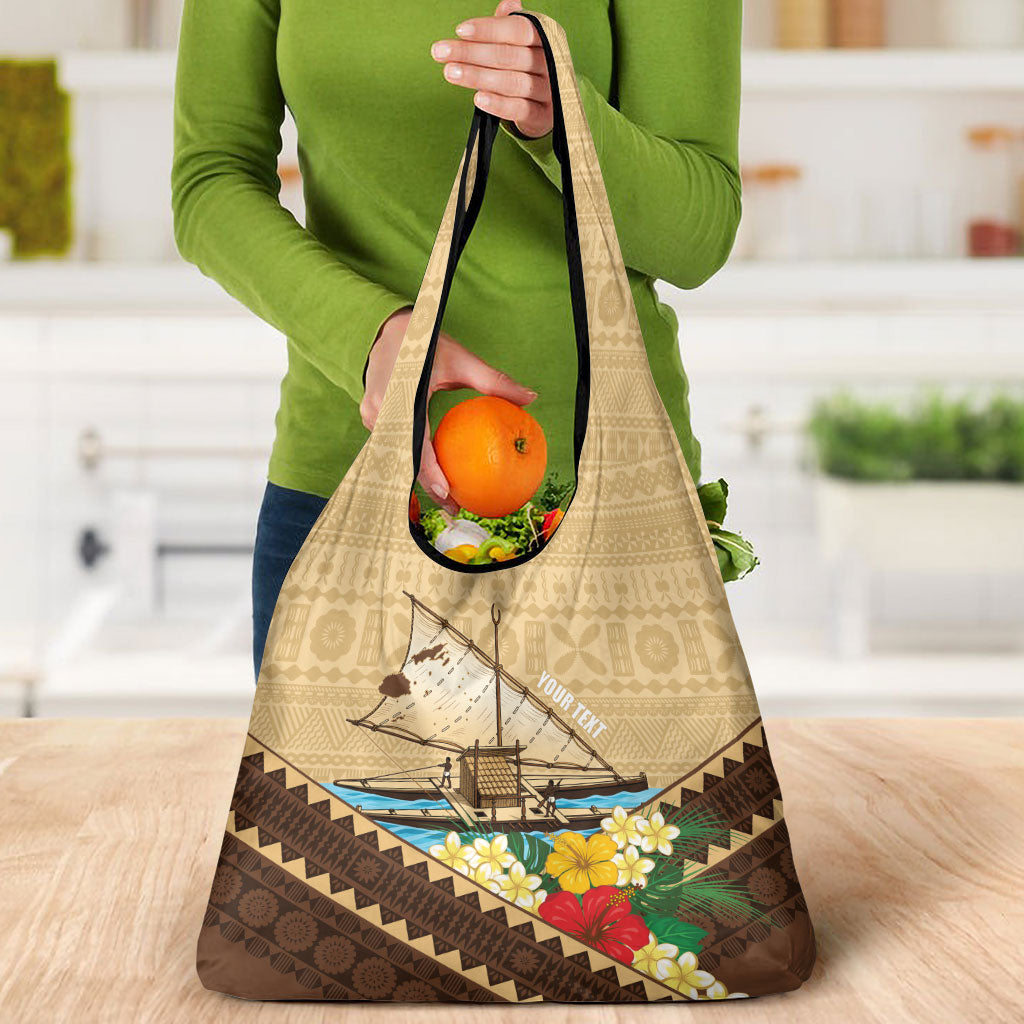 Personalised Bula Vinaka Fiji Drua Grocery Bag Fijian Traditional Canoe Tapa Cloth Beige